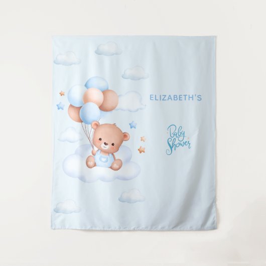 Blauer Teddybär-Junge Baby Shower Wandteppich (Vorderseite)