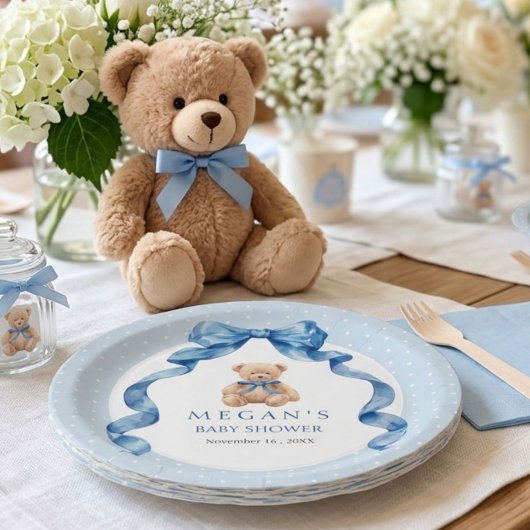 Blauer Teddybär Junge Babyparty  Pappteller