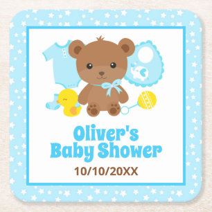 Blauer Teddybär Jungenkleidung Baby Shower Rechteckiger Pappuntersetzer