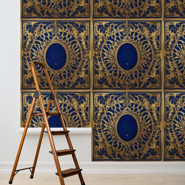 Blauer Tellerhintergrund Tapete (Peel and Stick Wallpaper Blue Gold Lace Pattern Wallpaper)