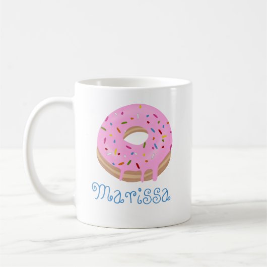 Blauer Text Rosa Sprinkler Donut und Name Kaffee Kaffeetasse (Links)