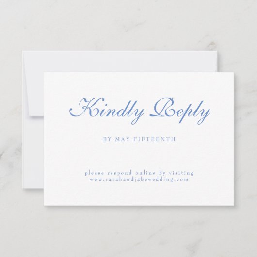 Blauer Text Weiße Hochzeit RSVP Karte (Vorderseite)