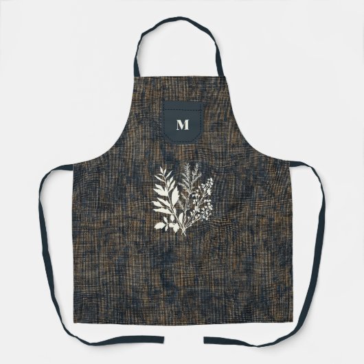 Blauer Texturstoff mit Kräutermotiv Schürze (Vorderseite)