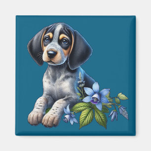 Blauer Tick Hound Welpe mit zarten blauen Blumen Magnet