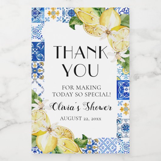 Blauer Tile Lemon Brautparty Weinflaschen Etikette Weinetikett (Einzelnes Label)