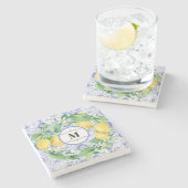 Blauer Tile Lemon Zitronenblumenhain Bauernhof Kun Steinuntersetzer (Seitenansicht)