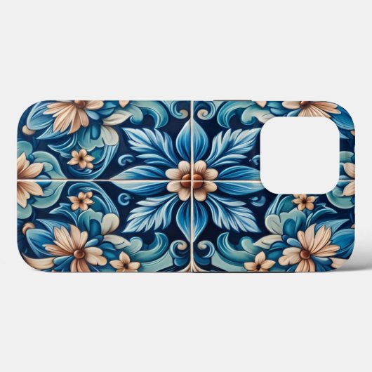 Blauer Tile mit Blume Muster Case-Mate iPhone Hülle (Rückseite (Horizontal))