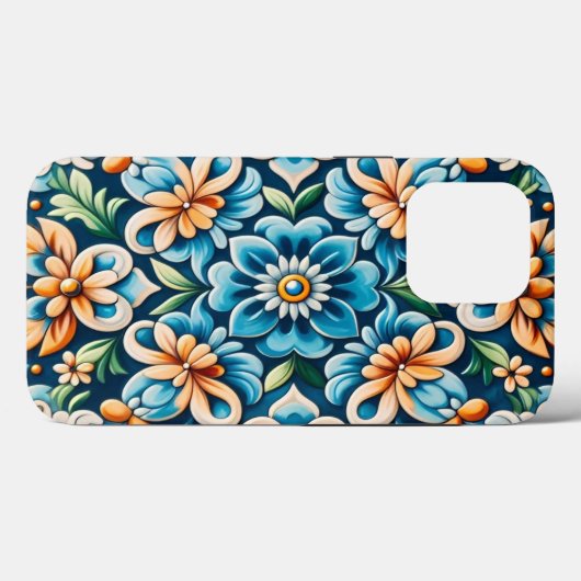 Blauer Tile mit Blume Muster Case-Mate iPhone Hülle (Rückseite (Horizontal))