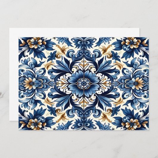 Blauer Tile mit Blume Muster Einladung (Vorne/Hinten)