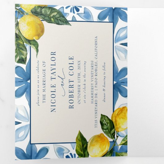 Blauer Tile | Mittelmeerraum | Lemon Wedding Invit Dreifach-gefaltete Programmkarte (Innen Erste Seite)