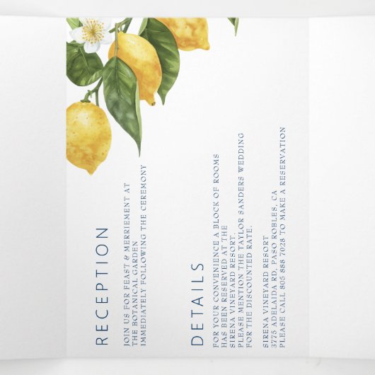 Blauer Tile | Mittelmeerraum | Lemon Wedding Invit Dreifach-gefaltete Programmkarte (Innenseite Mitte)