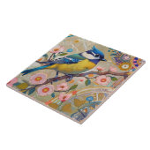 Blauer Tit Bird mit Tuft Rosa Blütenblumen Fliese (Seite)