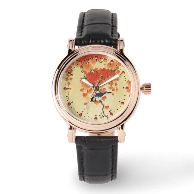 Blauer Tit Bird, Paulownia Zweig, Roter Herbst Blä Armbanduhr (Vorderseite)