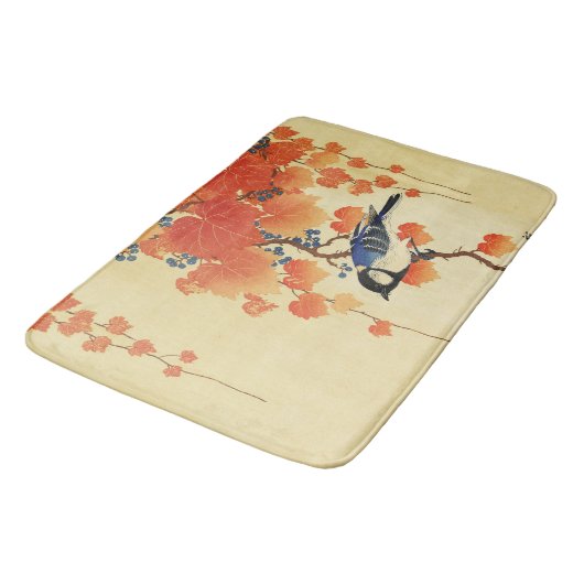 Blauer Tit Bird, Paulownia Zweig, Roter Herbst Blä Badematte (Schrägansicht)