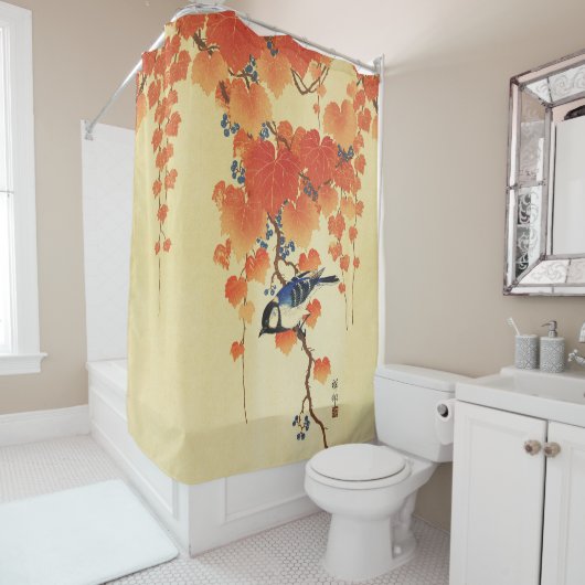 Blauer Tit Bird, Paulownia Zweig, Roter Herbst Blä Duschvorhang (Beispiel)