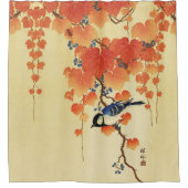 Blauer Tit Bird, Paulownia Zweig, Roter Herbst Blä Duschvorhang (Vorderseite)