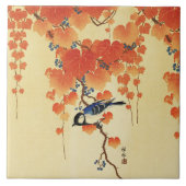 Blauer Tit Bird, Paulownia Zweig, Roter Herbst Blä Fliese (Vorderseite)