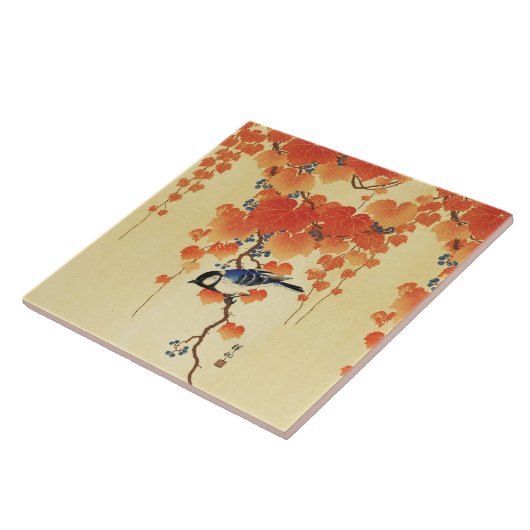 Blauer Tit Bird, Paulownia Zweig, Roter Herbst Blä Fliese (Seite)