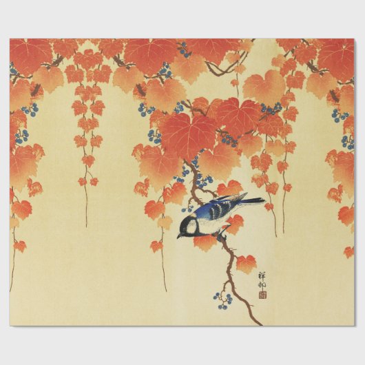 Blauer Tit Bird, Paulownia Zweig, Roter Herbst Blä Geschenkpapier (Flach)