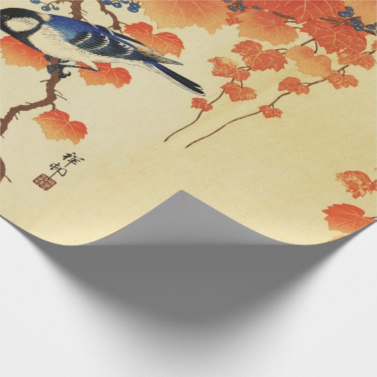 Blauer Tit Bird, Paulownia Zweig, Roter Herbst Blä Geschenkpapier (Ecke)