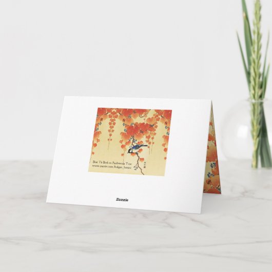 Blauer Tit Bird, Paulownia Zweig, Roter Herbst Blä Karte (Rückseite)