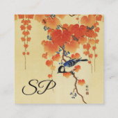 Blauer Tit Bird, Paulownia Zweig, Roter Herbst Blä Quadratische Visitenkarte (Rückseite)