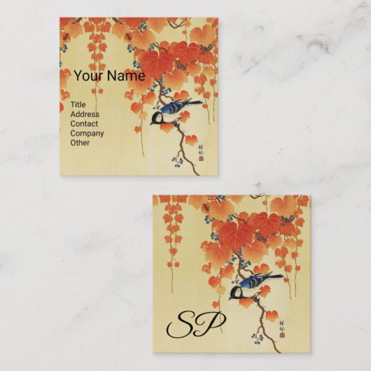 Blauer Tit Bird, Paulownia Zweig, Roter Herbst Blä Quadratische Visitenkarte (Vorne/Hinten)