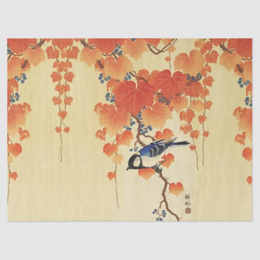 Blauer Tit Bird, Paulownia Zweig, Roter Herbst Blä Seidenpapier (Vorderseite)
