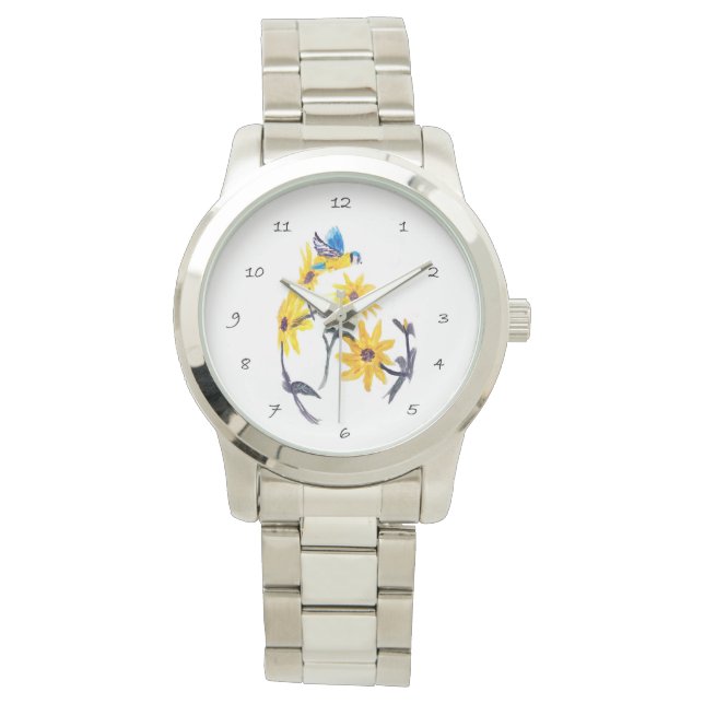 Blauer Tit Gelbe Sonnenblumen Kunst, Blumen Armbanduhr (Vorderseite)