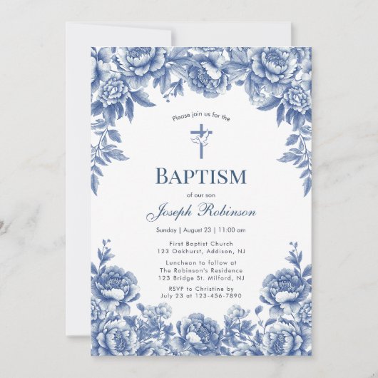 Blauer Toile Blume Taufen Einladung (Vorderseite)