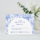 Blauer Toile-Blumen-Abschlussfeier RSVP Karte (Stehend Vorderseite)