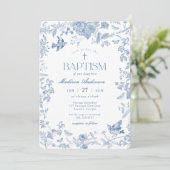 Blauer Toile De Jouy Französische Blumentaufe Einladung (Stehend Vorderseite)