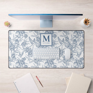 Blauer Toile de Jouy französischer Monogramm-Name Schreibtischunterlage