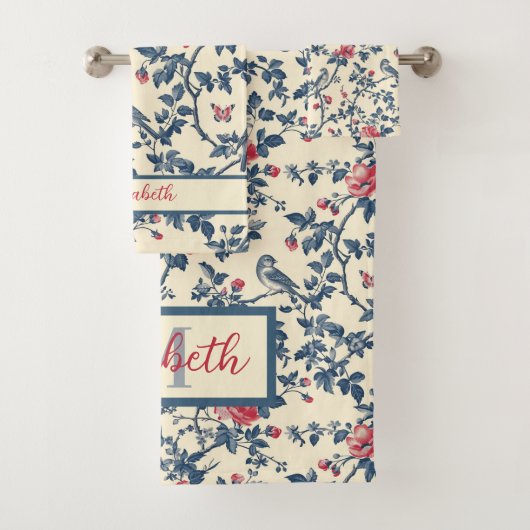 Blauer Toile de Jouy und Vögel Badhandtuch Set (Insitu)