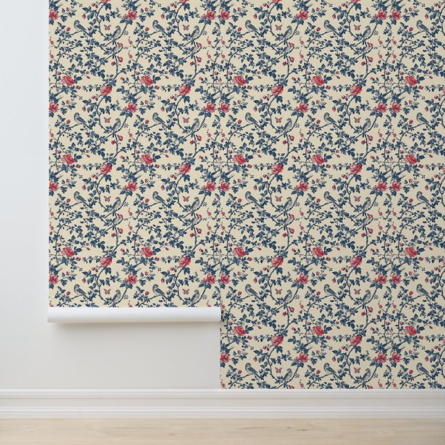 Blauer Toile de Jouy und Vögel Tapete (Anwendung)