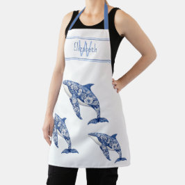 Blauer Toile Floral Beach Dolphin Monogramm Schürze