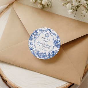 Blauer Toile-Teddybär-Baby-Shower-Dankeschön Runder Aufkleber
