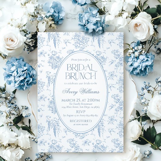 Blauer Toile Vintag Bridal Brunch Dusche Einladung