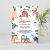 Blauer Traktor Karierter Bauernhof Geburtstag Einladung (Stehend Vorderseite)