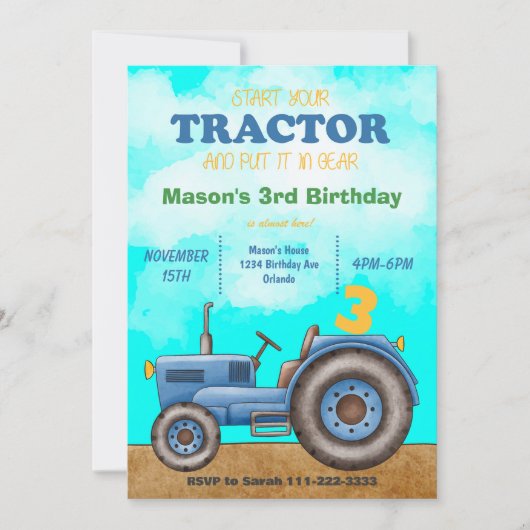 Blauer Traktor zum Geburtstag Einladung (Vorderseite)