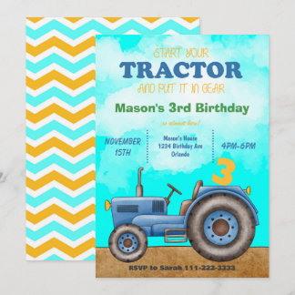Blauer Traktor zum Geburtstag Einladung
