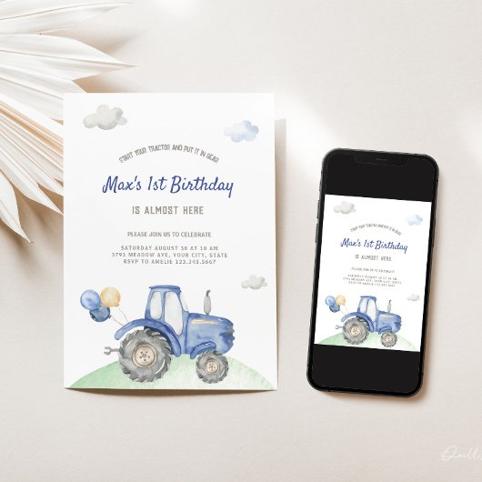 Blauer Traktor zum Geburtstag Einladung