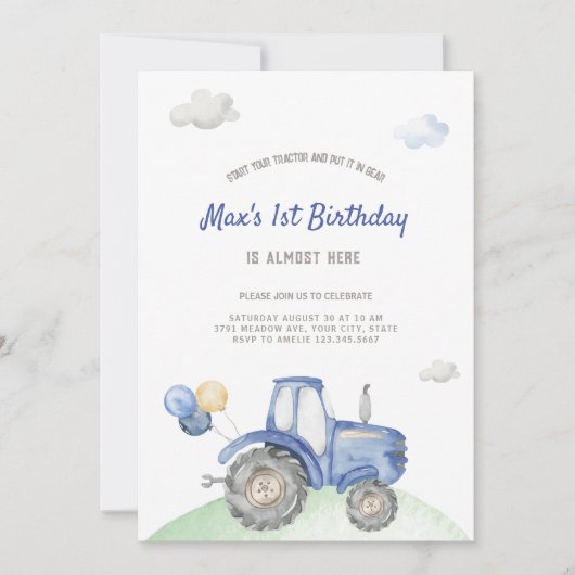Blauer Traktor zum Geburtstag Einladung (Vorderseite)