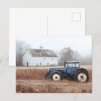 Blauer Traktorenständer und Feld Postkarte