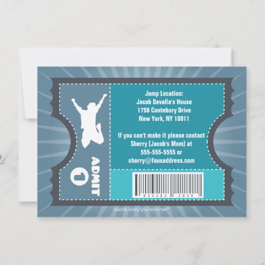 Blauer Trampolin Jump Einladung (Rückseite)