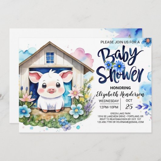 Blauer Traum der Schweinefarm Baby-Dusche Einladung (Vorne/Hinten)