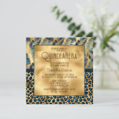 Blauer tropischer Leopard Print Shimmer Quinceañer Einladung (Stehend Vorderseite)