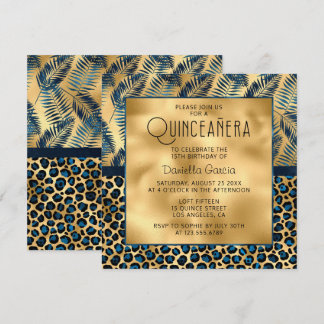 Blauer tropischer Leopard Print Shimmer Quinceañer Einladung