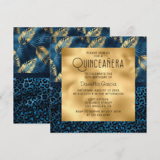 Blauer tropischer Leopard Print Shimmer Quinceañer Einladung