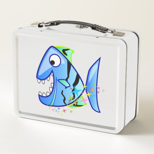 Blauer tropischer Piranha mit Sternen Metall Brotdose (Rückseite)